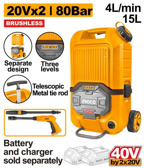 Ingco 40V 80Bar 4L/min Cordless Pressure Washer | CPWLI4006 Ingco