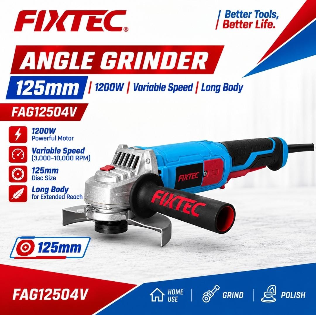 FIXTEC 1200W 125mm (5") Industrial Variable Speed Angle Grinder - FAG12504V FIXTEC