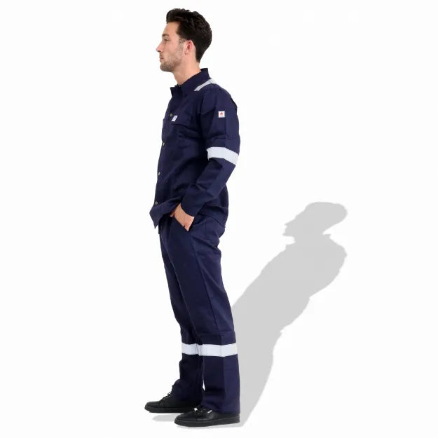 Flame Retardant Cotton 300GSM Safety Coverall With Grey Reflective Strips - Dark Blue