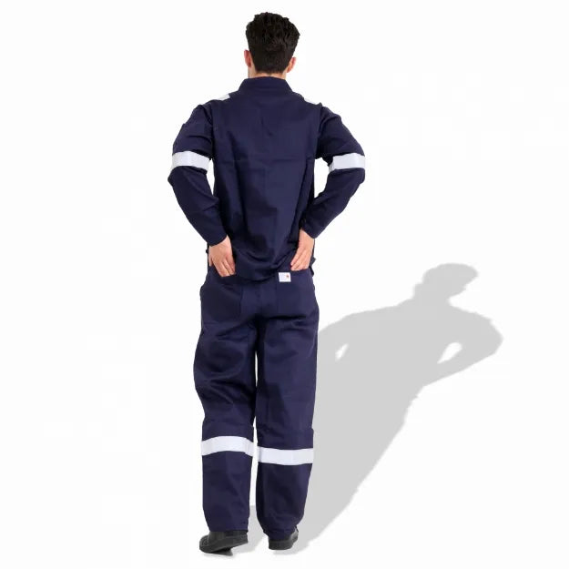 Flame Retardant Cotton 300GSM Safety Coverall With Grey Reflective Strips - Dark Blue