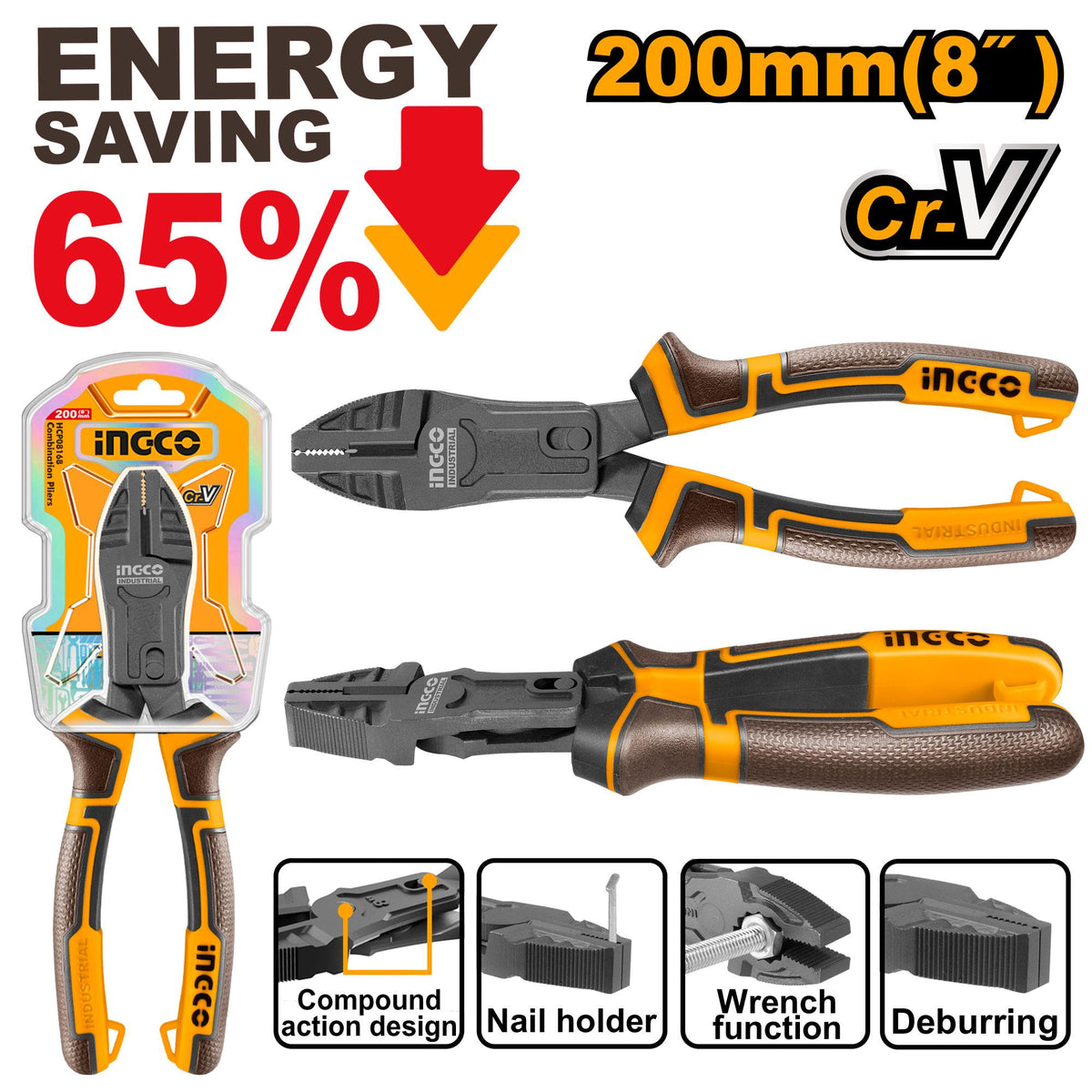 Ingco 8 inch/200mm Compound Action Combination Pliers | HCCP58200 Ingco