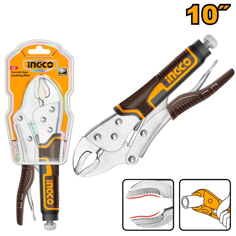 INGCO 10" Curved Jaw Locking Plier - Carbon Steel & Nickel Plated | HCJLW0210