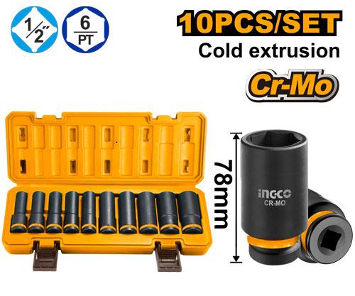 Ingco 10 Pcs 1/2 Inch Deep Impact Socket Set | HKISSD12102L Ingco