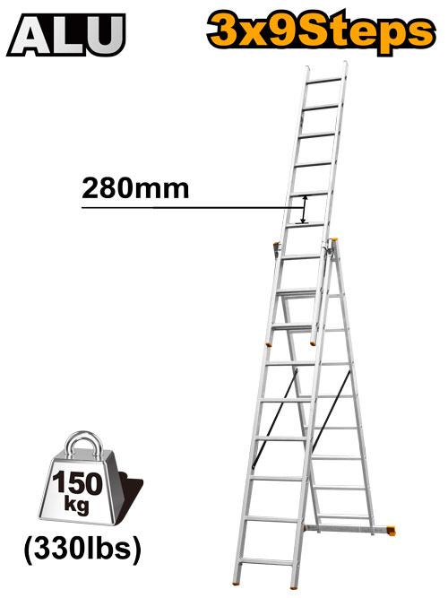 INGCO 3-Section Aluminum Extension Ladder Heavy Duty Multi Purpose HLAD03391 Ingco