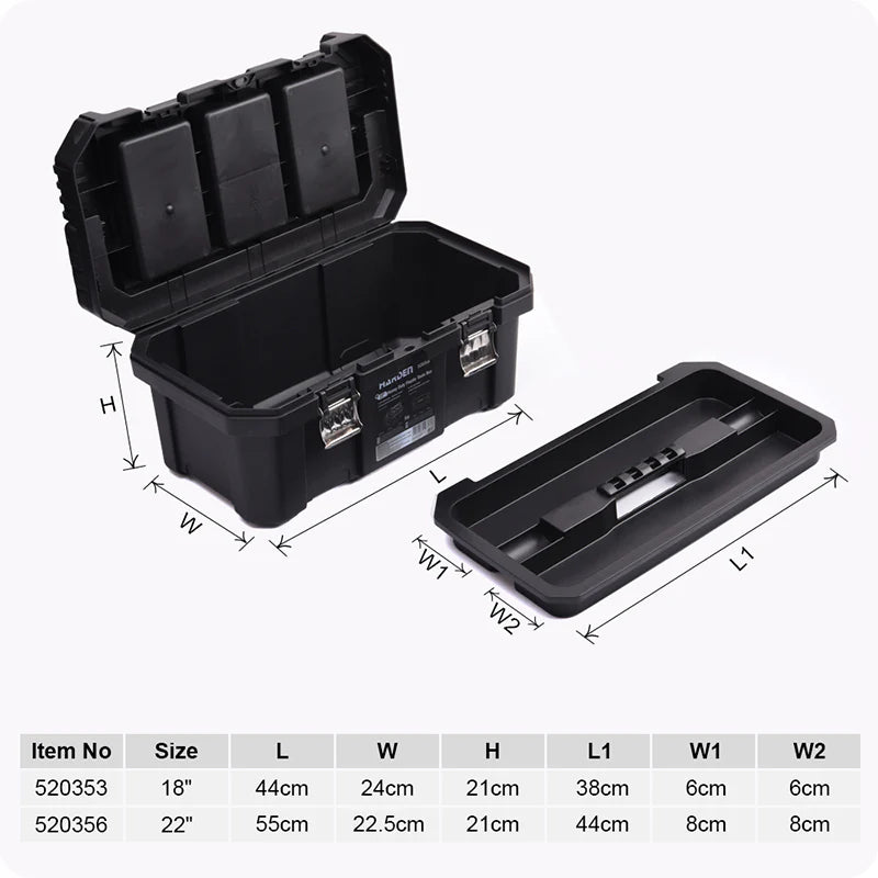 Black toolbox with open lid and dimensions labeled on a white background