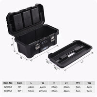 Black toolbox with open lid and dimensions labeled on a white background