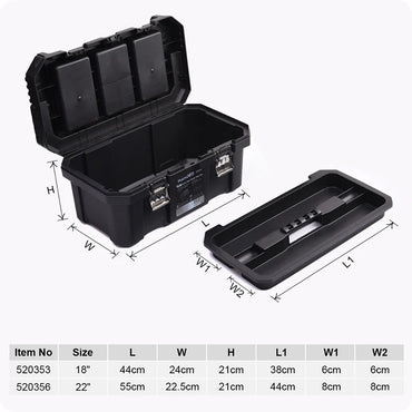 Black toolbox with open lid and dimensions labeled on a white background