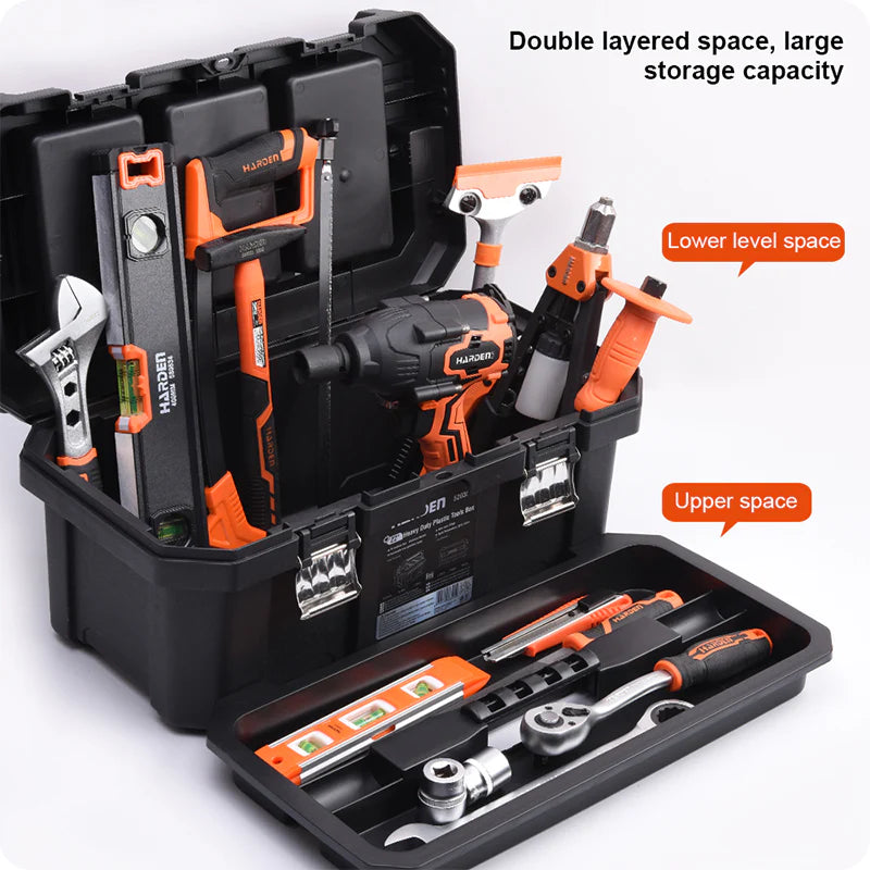 Toolbox with various tools inside, highlighting double-layered design.