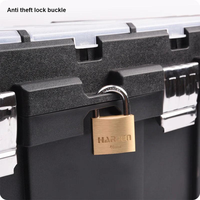 Black toolbox with a gold lock labeled 'Harden' on a white background