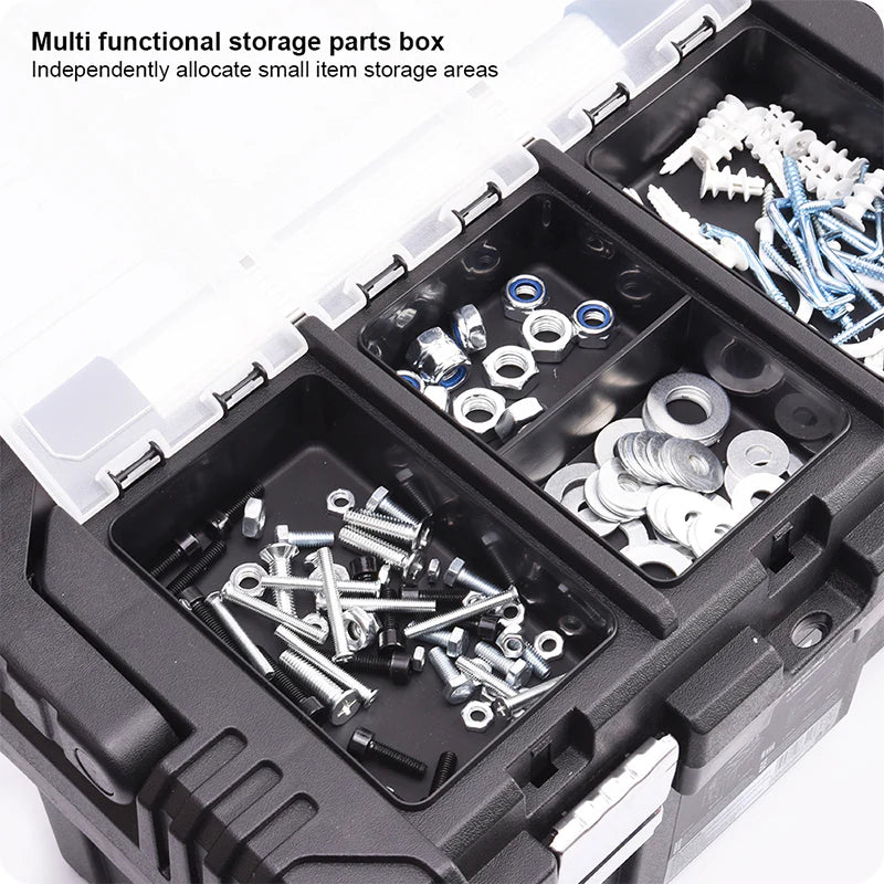 Multi-functional storage parts box with compartments filled with screws and nuts.