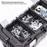 Multi-functional storage parts box with compartments filled with screws and nuts.