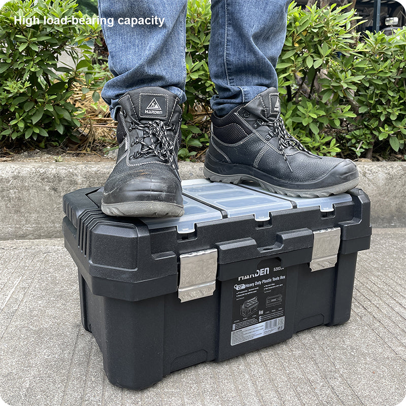 Person standing on a black toolbox with 'High load-bearing capacity' text, wearing blue jeans and black boots.