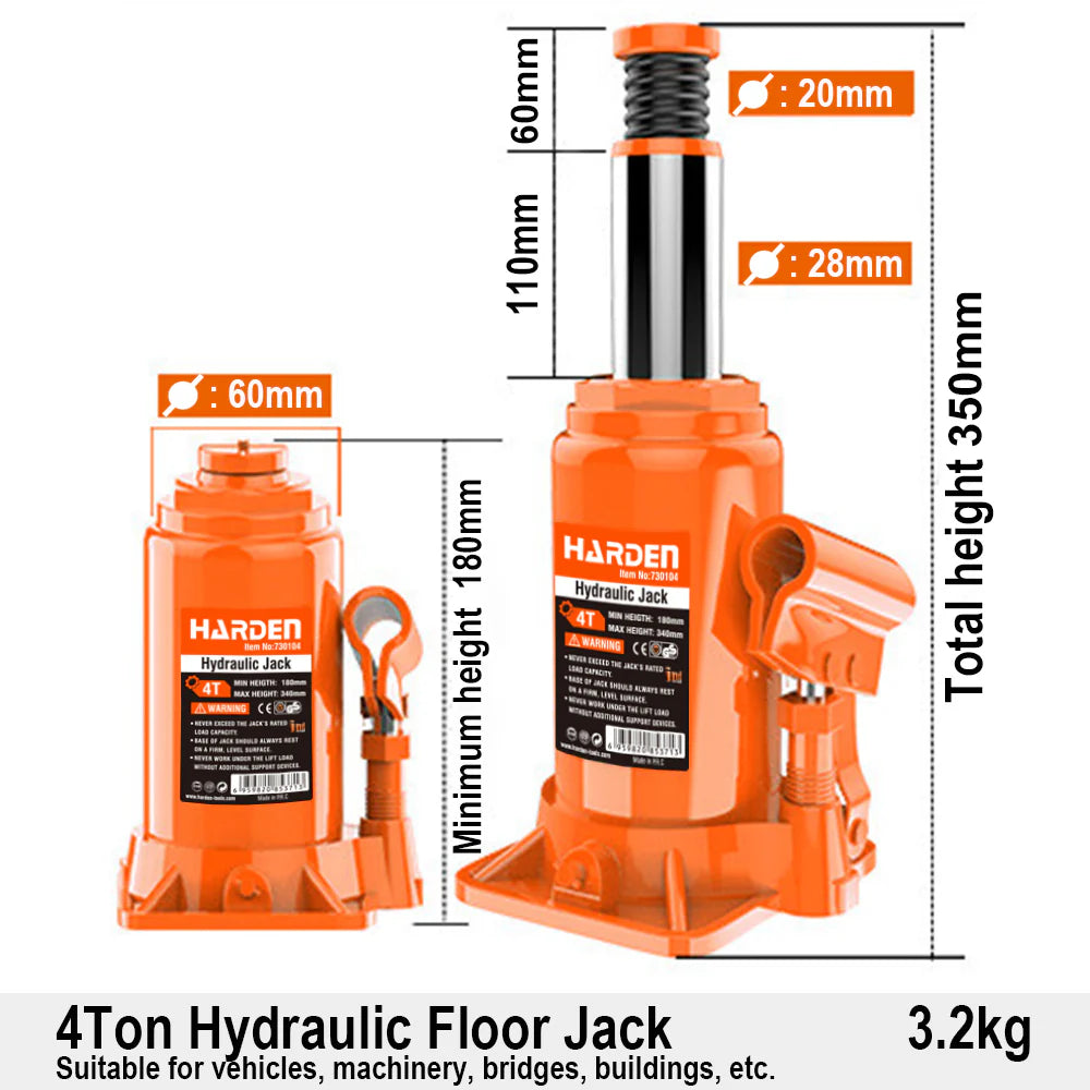 HARDEN 730104 4-Ton Hydraulic Bottle Jack with Adjustable Screw Top for SUV Lifting