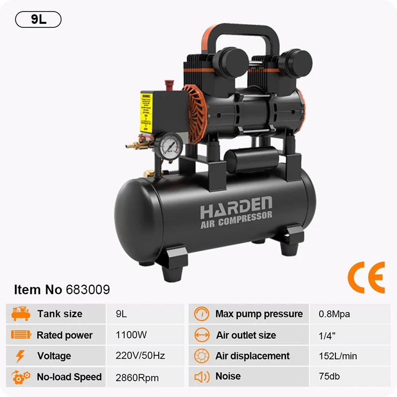 HARDEN 683009 9-Liter Ultra-Quiet Oil-Free Air Compressor for Dental and DIY Use