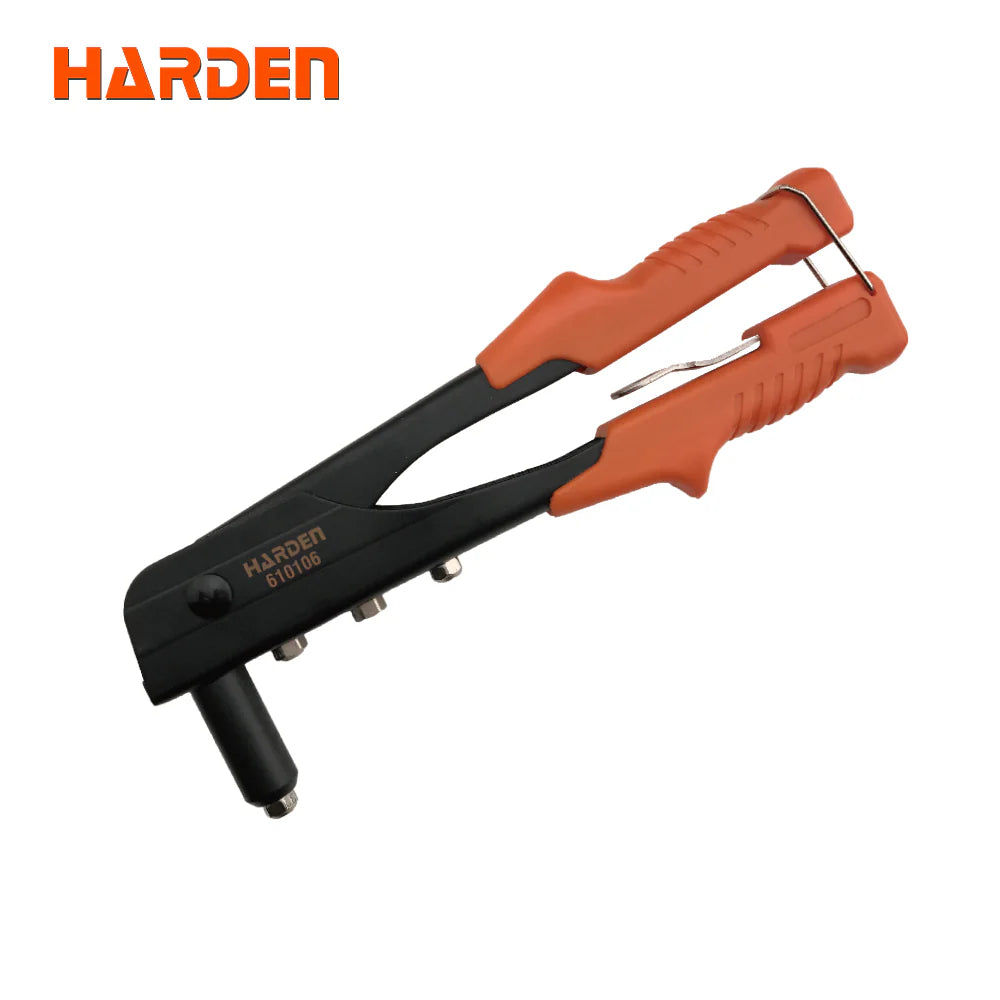 HARDEN 610106 10.5-inch professional hand riveter with four nosepieces and blue ergonomic handles
