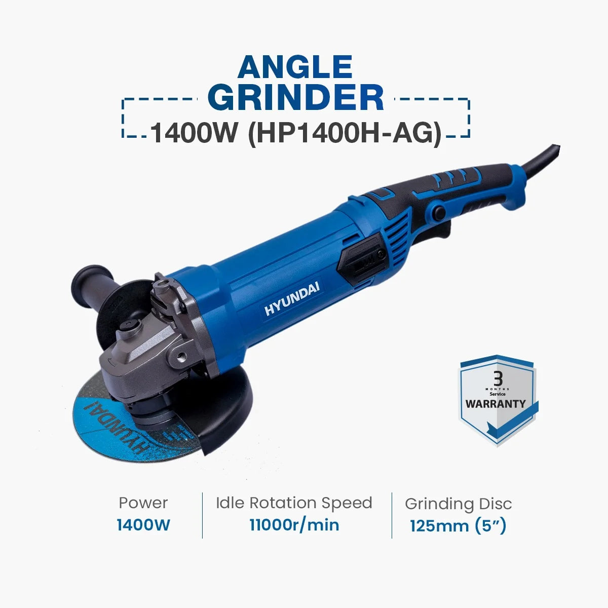 Hyundai 5" Angle Grinder Long Handle 1400W |  HP1400H-AG Hyundai