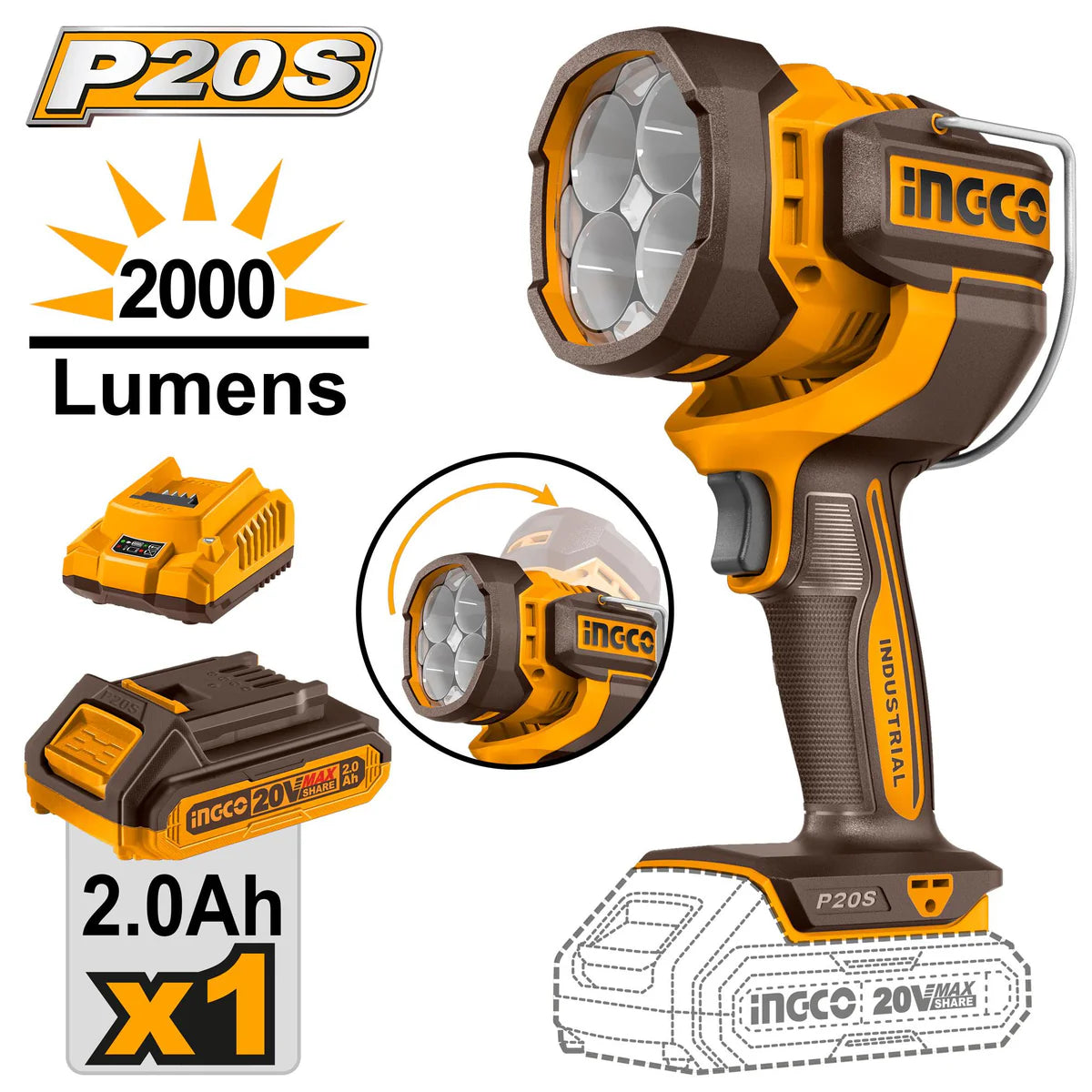 INGCO CWLI20881 20V Cordless LED Work Lamp 2000 Lumens
