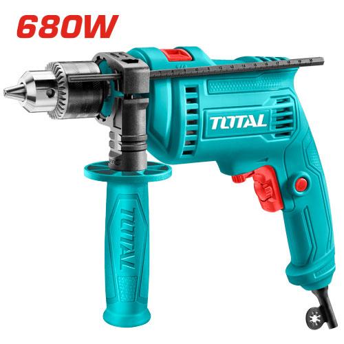 Blue drill with red accents and 'TOTAL' branding on a white background, featuring 680W rating.