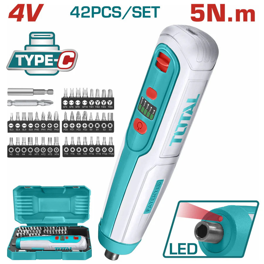 TOTAL TSDLI0406 4V Cordless Screwdriver with 40-Piece Bit Set and Storage Case
