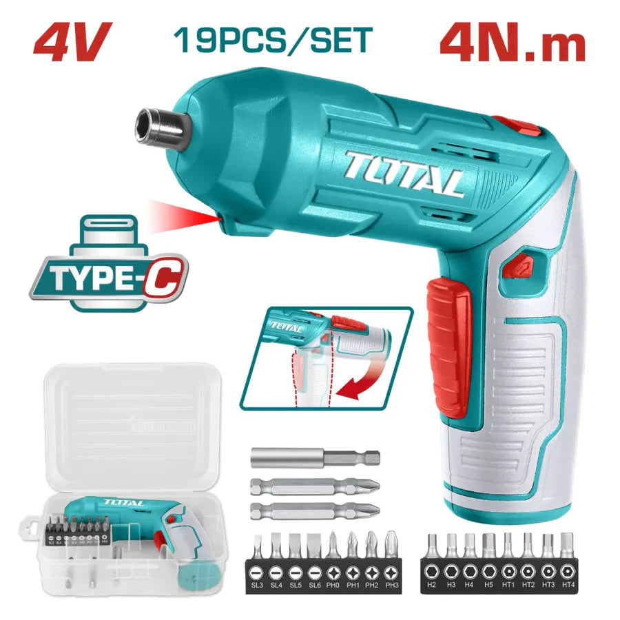 TOTAL TSDLI0442 4V Cordless Screwdriver with Pivot Handle and 19-Piece Accessory Kit