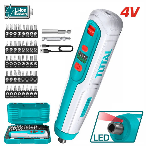 TOTAL TSDLI0403 4V Cordless Screwdriver with 42-Piece Bit Set and Storage Case
