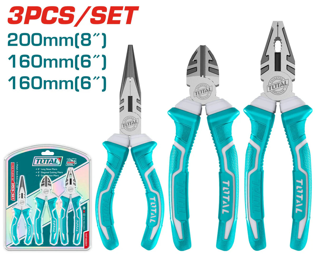 TOTAL THT1K0301 3 Pc Pliers Set 8" Combo 6" Cut/Long Nose
