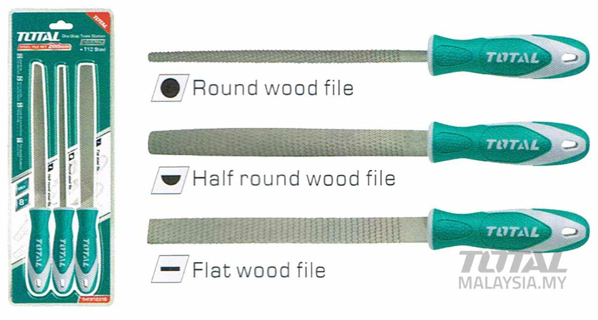 Total 3 Pcs Wood File Set 200mm THT918326 - Flat, Half Round