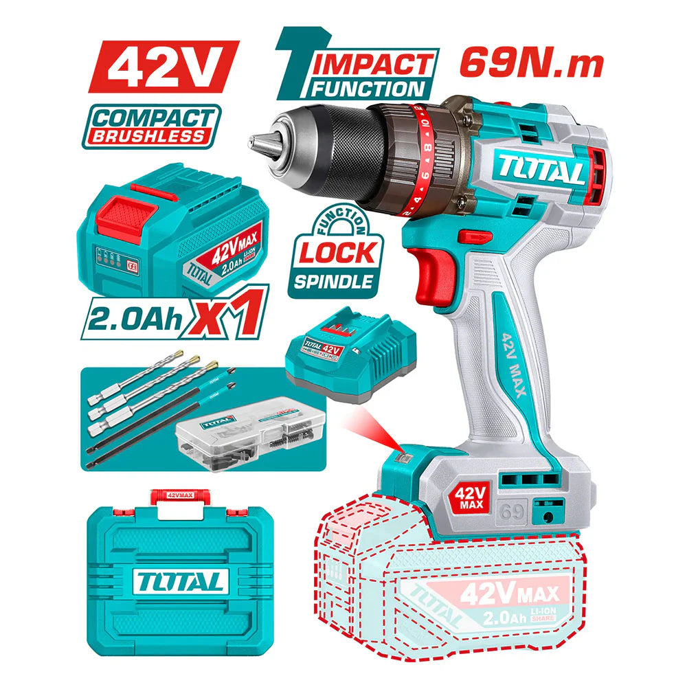 TOTAL TIDLI426981 42V Brushless Impact Drill - 69Nm Torque