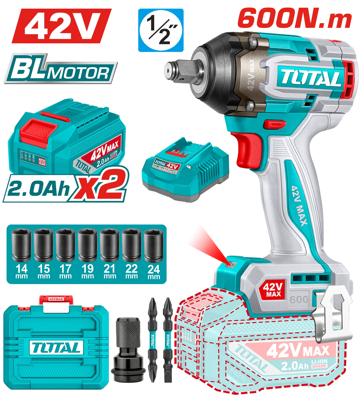 TOTAL TIWLI42602 42V Brushless Impact Wrench - 600Nm Torque