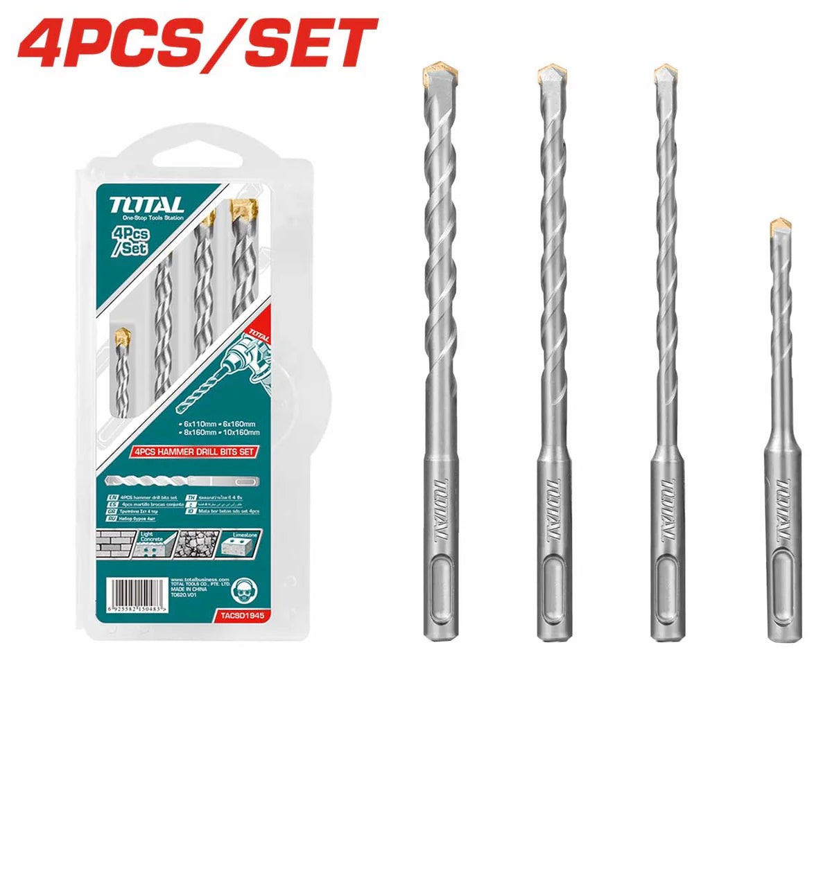 TOTAL TACSD1945 4 Pc SDS Plus Hammer Drill Bit Set