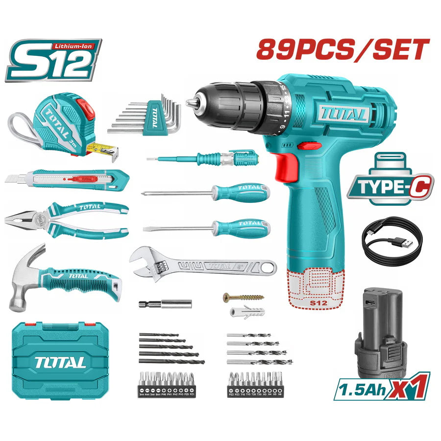 TOTAL THKTHP10892 89 Pcs Cordless Drill & Tool Kit 12V