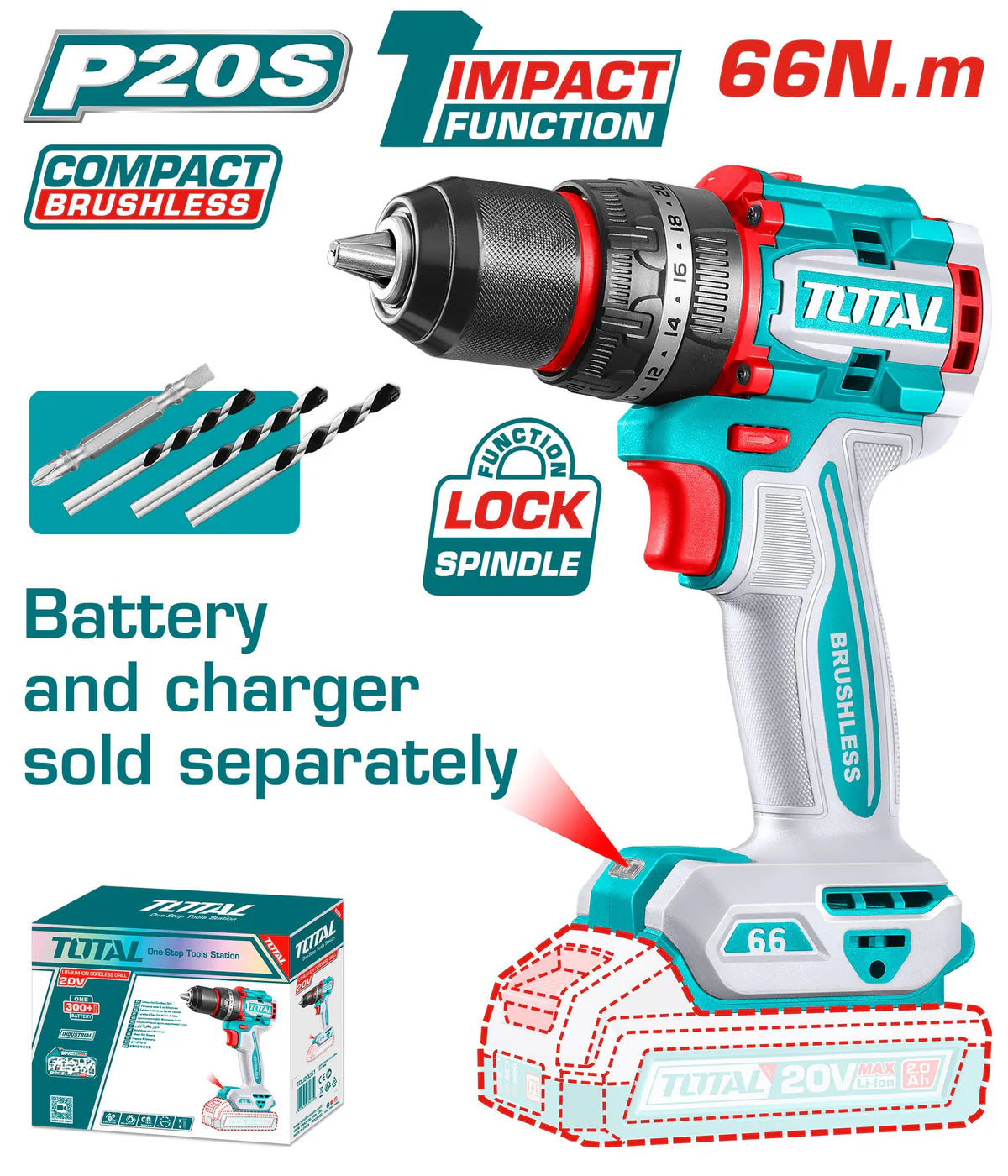 TOTAL 20V Compact Brushless Cordless Impact Drill TIDLI206681