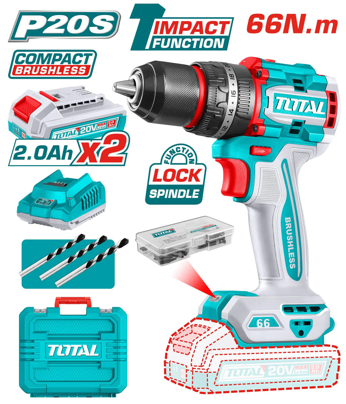 TOTAL 20V Brushless Impact Drill - 66Nm Torque | TIDLI20668