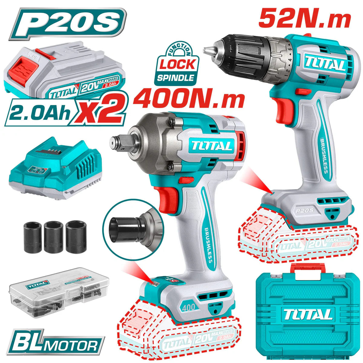 TOTAL 20V Lithium-Ion Cordless 2-Pcs Combo Kit TCKLI20271