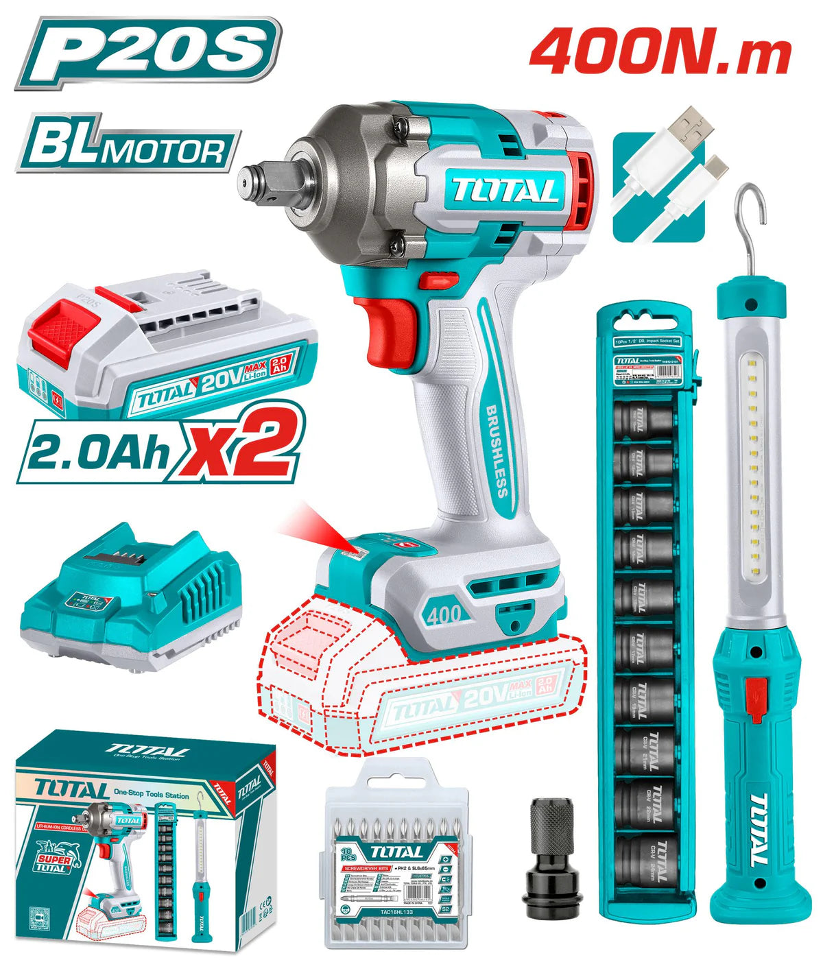 TOTAL 20V Cordless Impact Wrench & Work Lamp Kit TOSLI23048