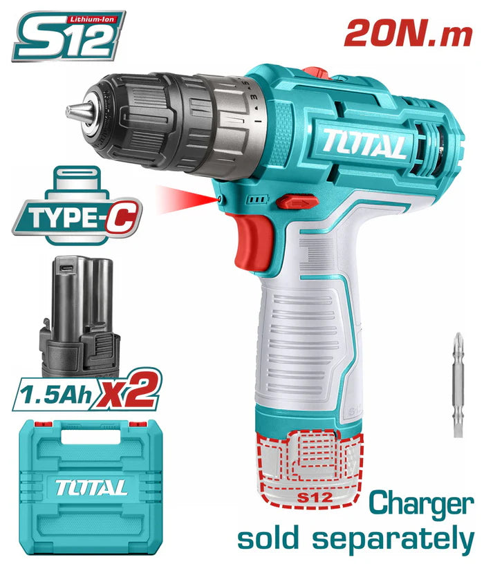 TOTAL TDLI12202 12V Cordless Drill 20Nm 2 Speed 10mm