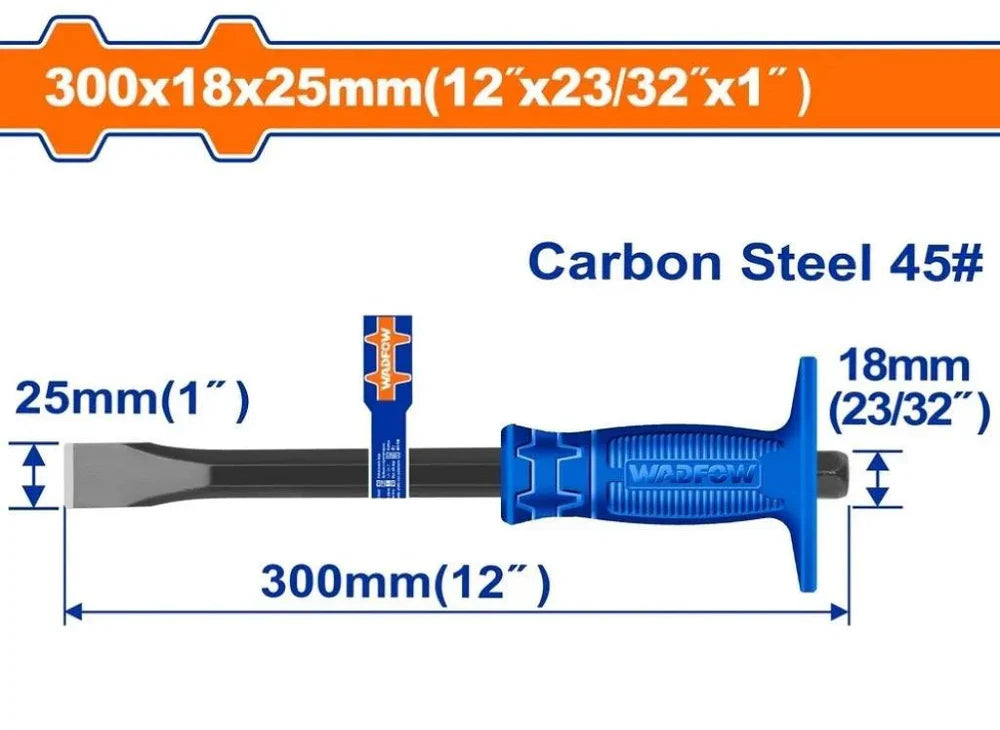 WADFOW 300mm Flat Cold Chisel 18mm Shank 25mm Width Carbon Steel Demolition Tool with Protective Hand Guard Handle WCC1302 Wadfow