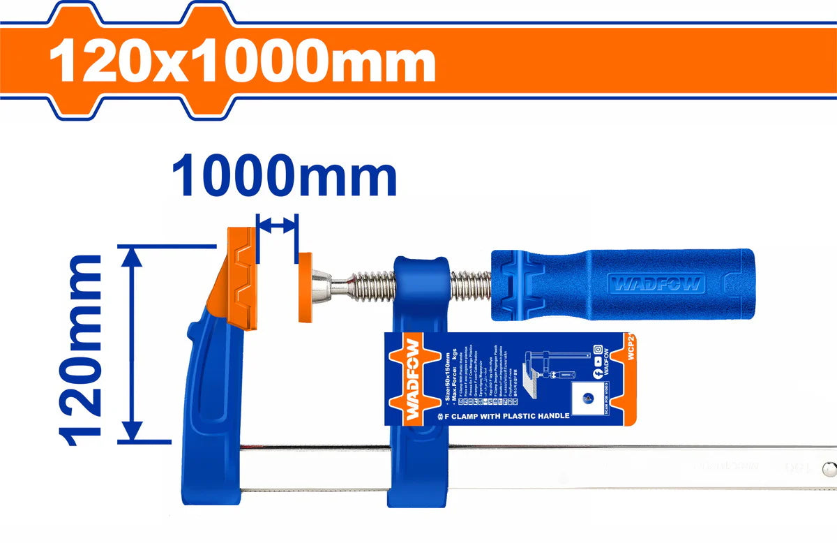 WADFOW 120x600mm F-Clamp Nickel Plated Steel Bar Woodworking Clamp with Plastic Handle WCP2125