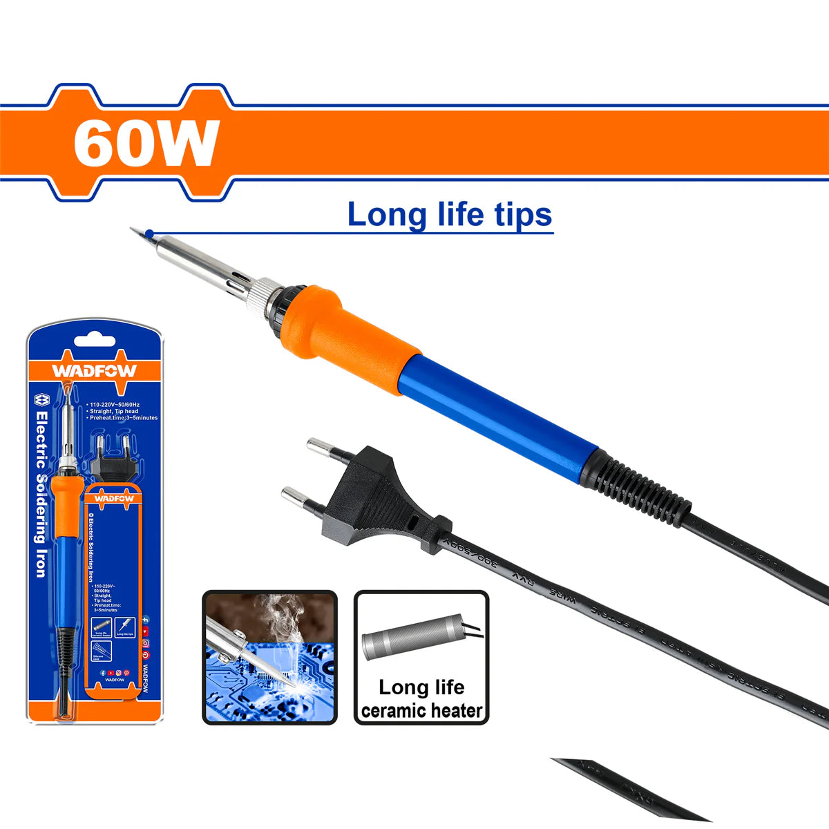 WADFOW 60W Electric Soldering Iron with Long-Life Pointed Tip WEL3606