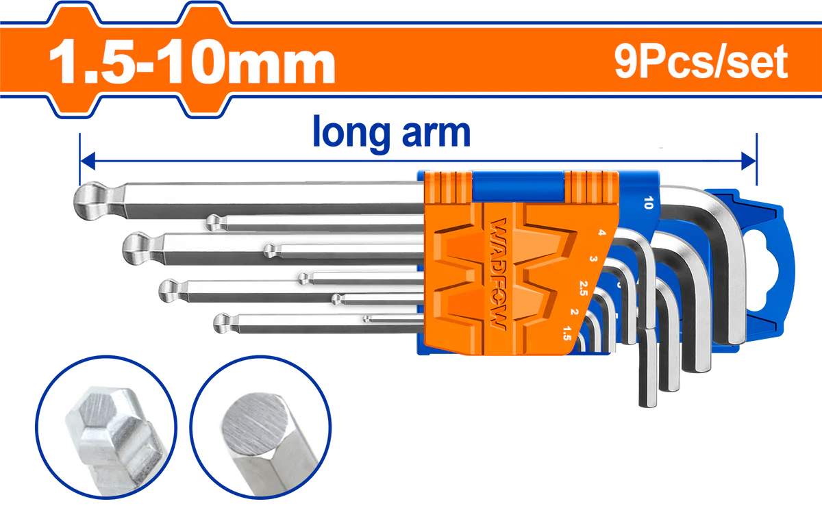 WADFOW 9-Piece Long Arm Ball-Point Hex Key Set 1.5mm to 10mm Cr-V Metric Allen Wrench WHK2291 Wadfow