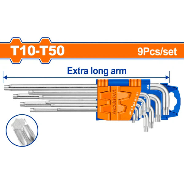WADFOW 9-Piece Extra Long Arm Torx Key Set T10 to T50 Cr-V Star Wrench Driver WHK3292 Wadfow