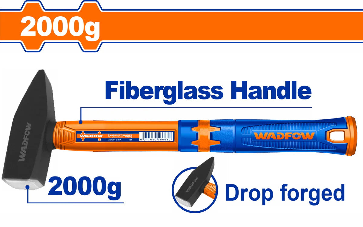 WADFOW 2000g Machinist Hammer Drop Forged Steel Head Fiberglass Handle Heavy Duty 2kg Cross Peen Hammer WHM1320 Wadfow