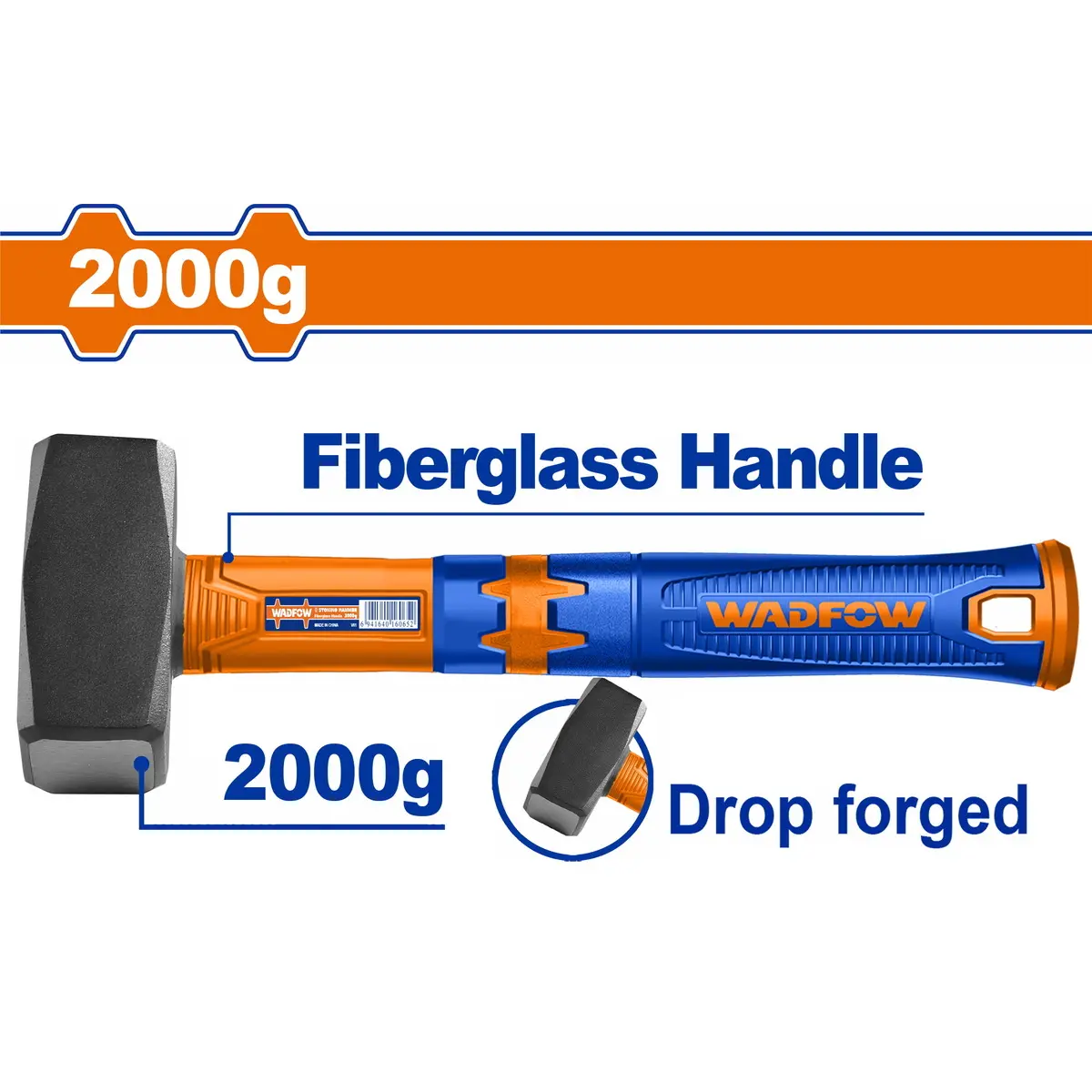 WADFOW 2000g Stoning Hammer Drop Forged Steel Head Fiberglass Handle Heavy Duty 2kg Club Lump Hammer WHM2320 Wadfow