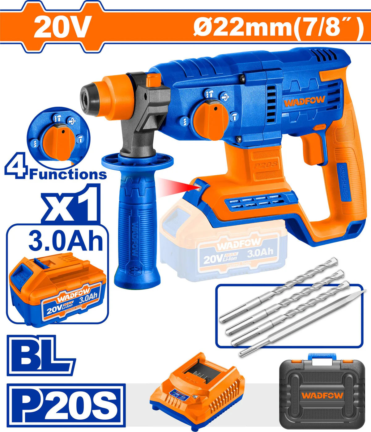 WADFOW 20V Cordless SDS-Plus Rotary Hammer Drill 1.5J WLM1522