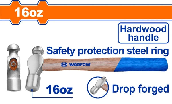 WADFOW 16oz Ball Pein Hammer Drop Forged High Carbon Steel Machining Metalworking Tool with Traditional Wooden Handle WMB5316 Wadfow