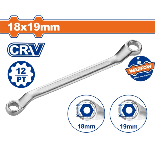 WADFOW 18mm x 19mm Chrome Vanadium Offset Ring Spanner 12-Point Box Wrench WSA3107 Wadfow