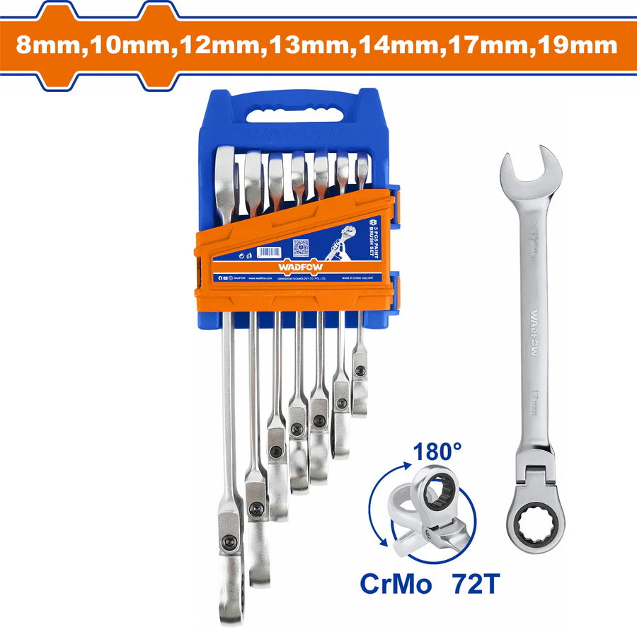 WADFOW 7-Piece Chrome Vanadium Flexible Head Combination Ratchet Spanner Set 8-19mm Metric Wrench Kit WSP5207 Wadfow