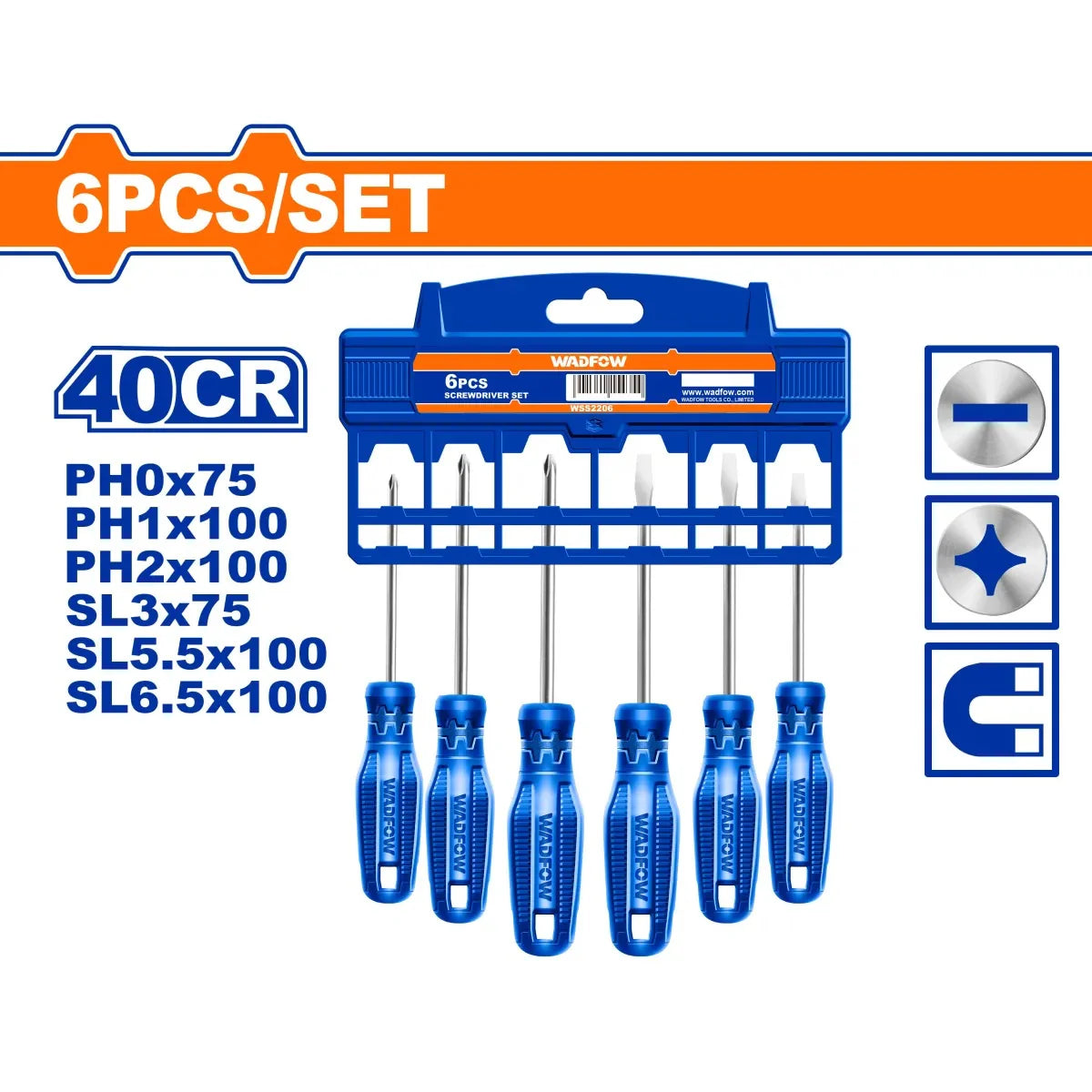 WADFOW 6-Piece Phillips and Slotted Screwdriver Set with Magnetic Tips WSS2206