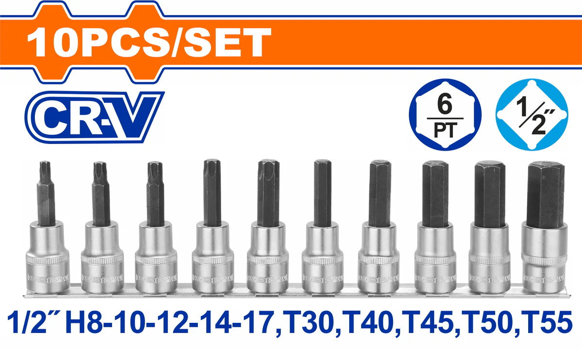 WADFOW 10 Pcs 1/2" Drive Hex & Torx Bit Socket Set Cr-V S2 Steel Kit WST1412 Wadfow
