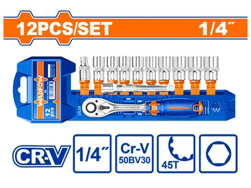 WADFOW 12 Pcs 1/4" Drive Socket Set Cr-V Ratchet & Extension Tool Kit WST4212 Wadfow